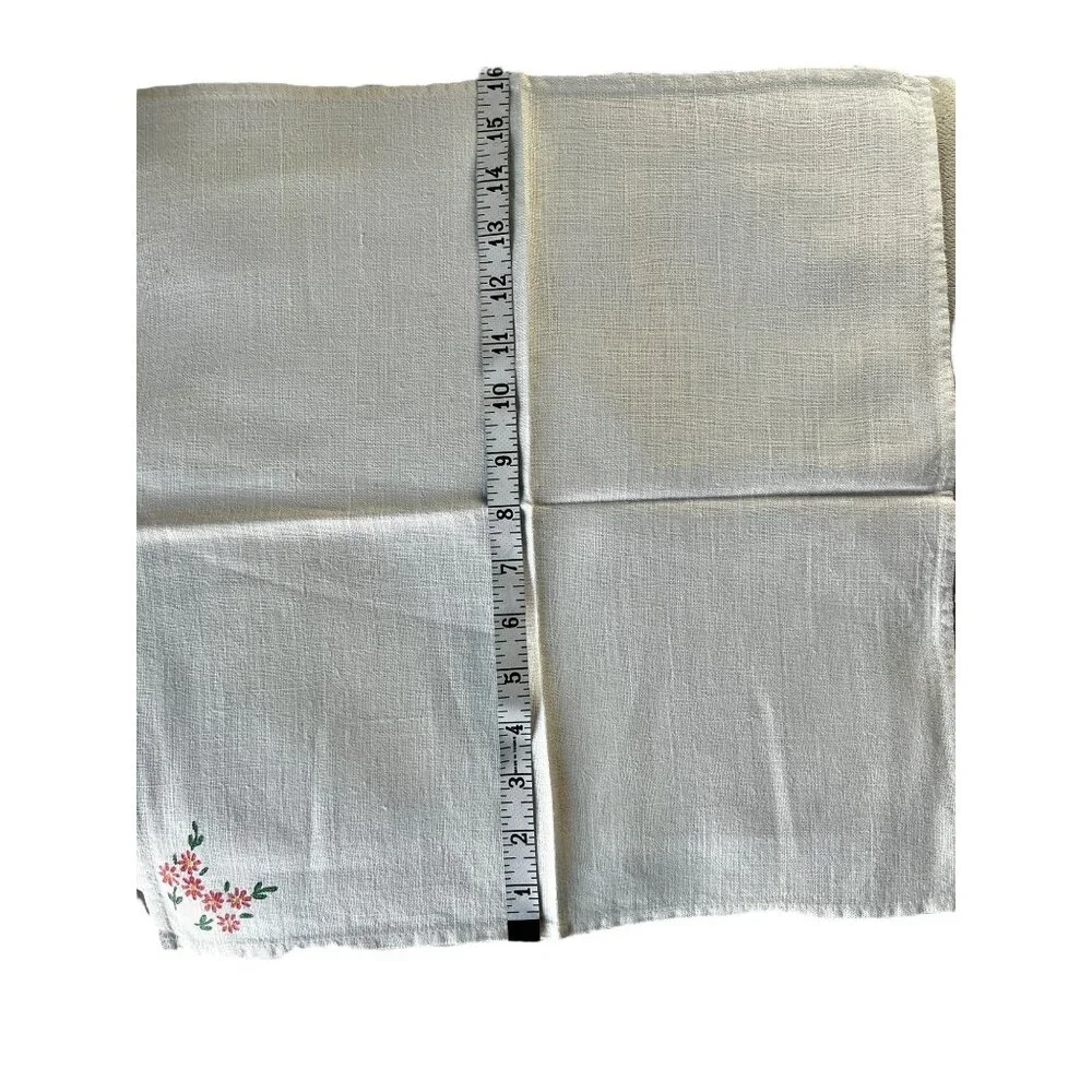 Set Of 8 Cream Cotton Linen Blend Hand-Painted Floral Napkins